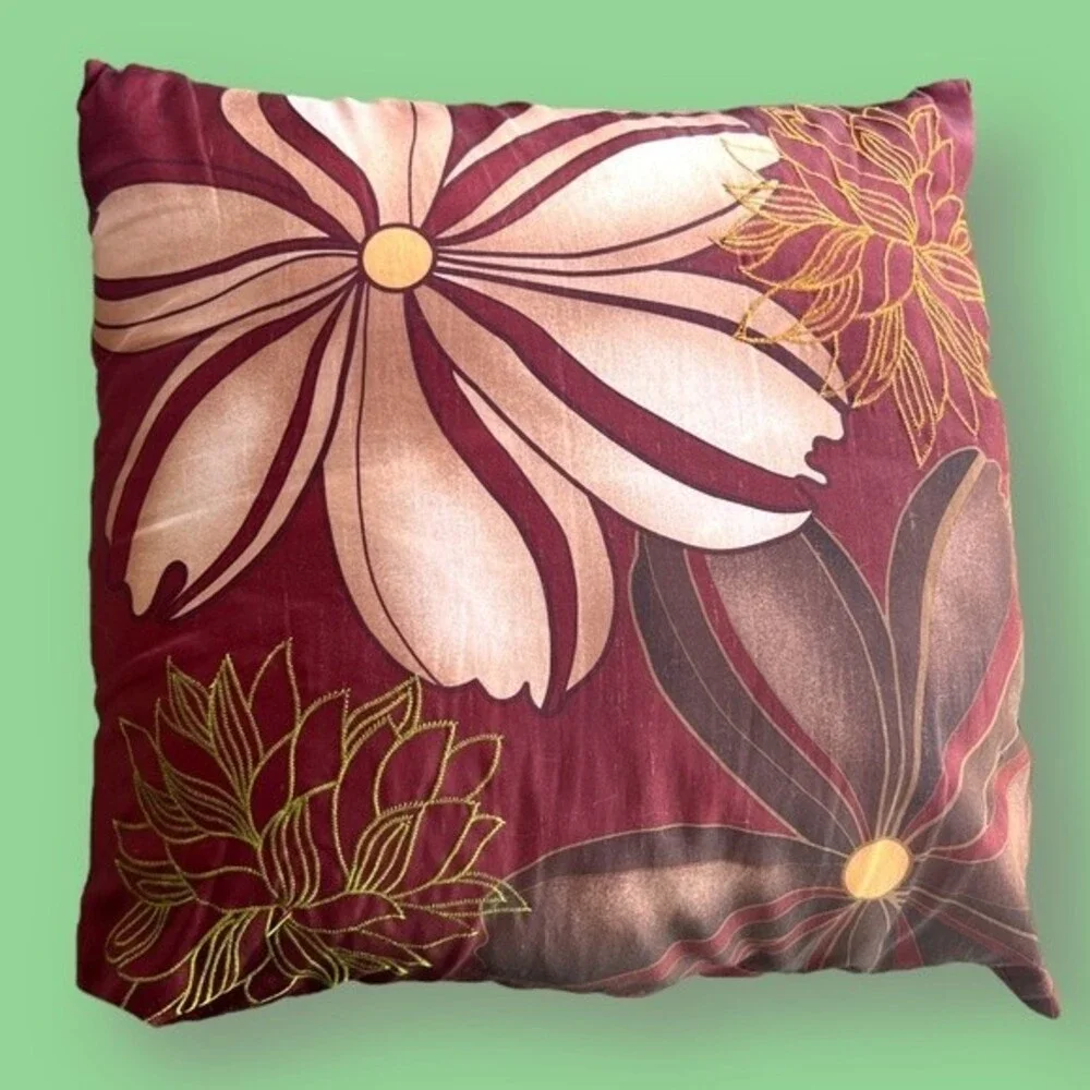Decorative Maroon Floral Throw Pillow 16x16 Accent Cushion Large Flower Design